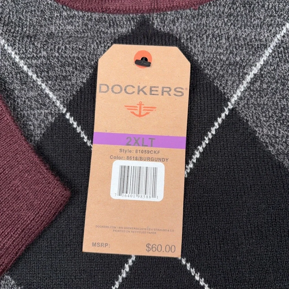 Dockers Sweater Mens 2XLT Burgundy Acrylic Long Sleeve Argyle Crew Neck NEW